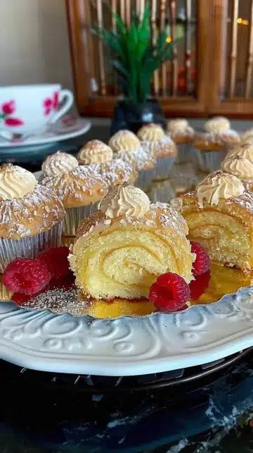 Gâteau roulé simple sans crème sur une assiette garnie de fruits frais