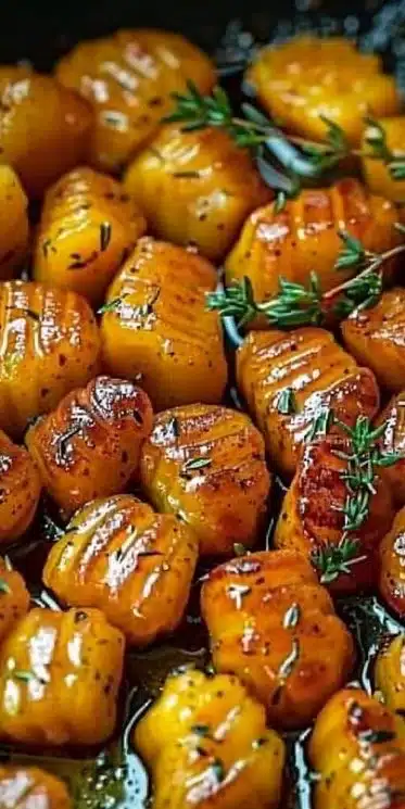 Gnocchis de potimarron poêlés au beurre et thym, plat savoureux.