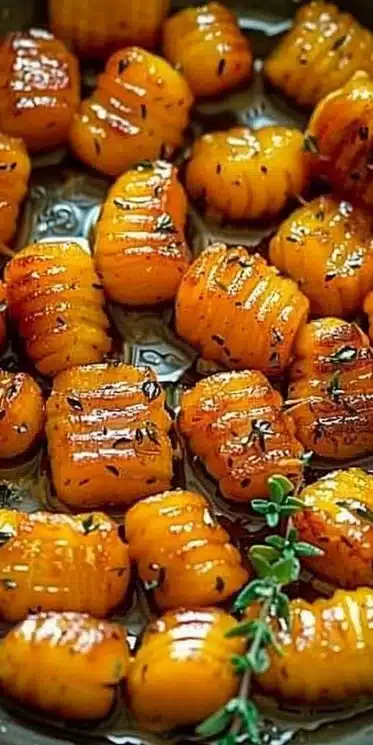 Gnocchis de potimarron poêlés au beurre et thym, plat savoureux.