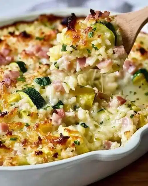 Gratin de courgettes au jambon et riz, plat savoureux et réconfortant.