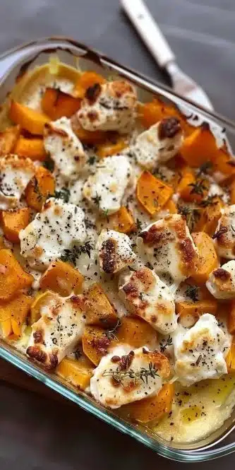 Gratin de Potimarron et Chèvre cuit au four, décoré de fromage fondu