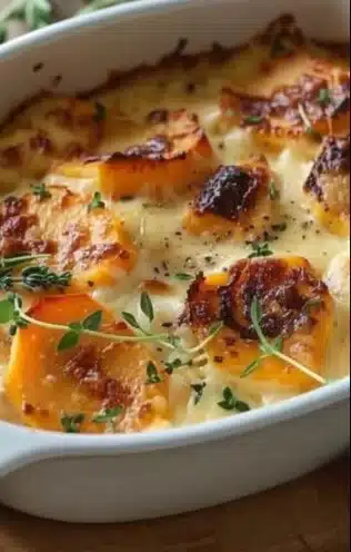Gratin de potiron crémeux et doré, parfait pour les repas d'automne.