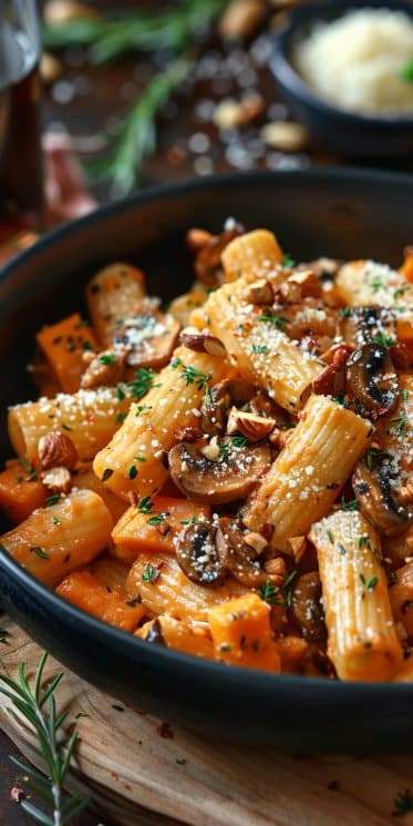 Pâtes d’Automne Gourmandes au butternut, champignons et noix croquantes