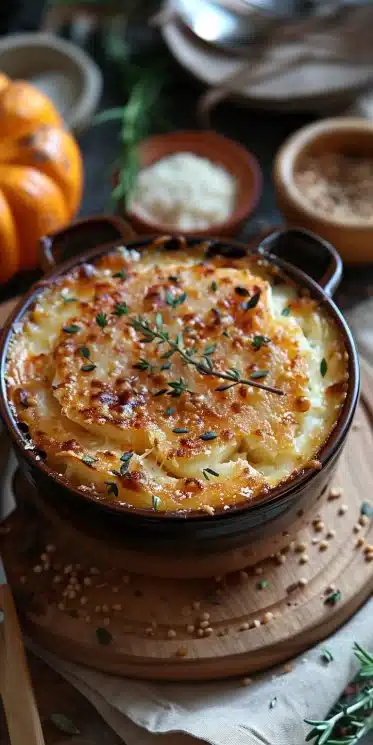 Une assiette de Hachis Parmentier au potimarron, coloré et appétissant.