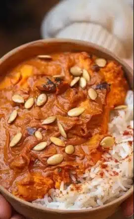 Bol de Mafé de potimarron avec sauce épicée sur une table en bois.