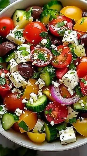 Recette de salade grecque colorée et fraîche avec tomates, concombres, et feta