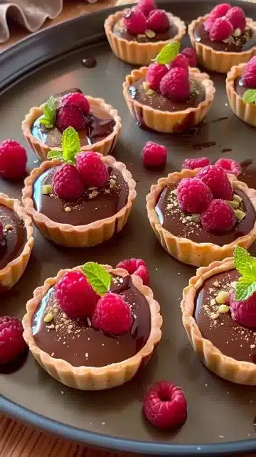 Mini tartes au chocolat garnies de crème chocolatée et décorées de fruits