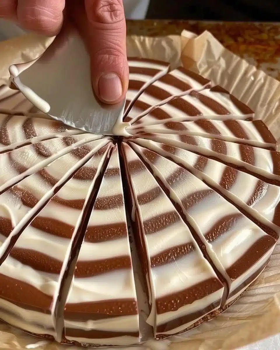 Mousse zébrée aux deux chocolats présentée dans un dessert élégant