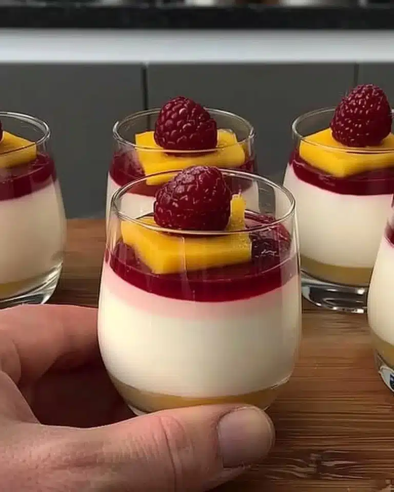 Panna cotta on a plate topped with fresh raspberries.
