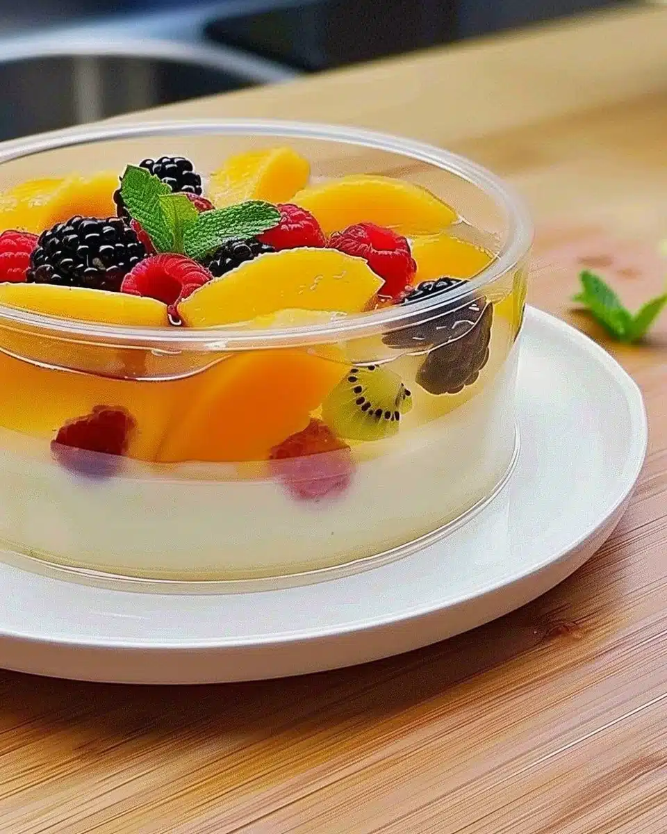 Panna cotta crémeuse garnie d'une couche de gelée de fruits colorée.