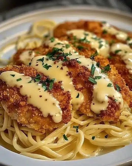 Delicious Parmesan-Crusted Chicken served with creamy Alfredo sauce