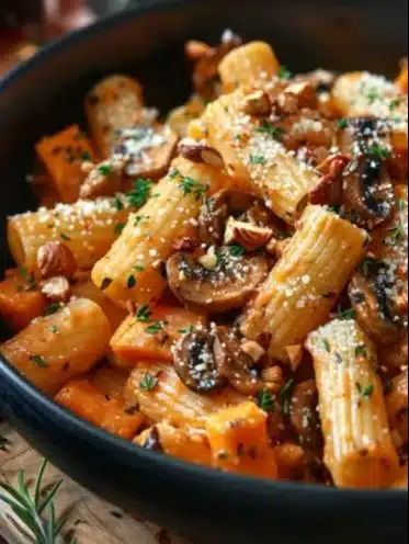 Pâtes d'automne avec butternut, champignons et noix croquantes dans une assiette