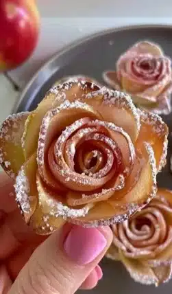 Pâtisserie délicate à base de fleurs de pommes de rose, un véritable délice.