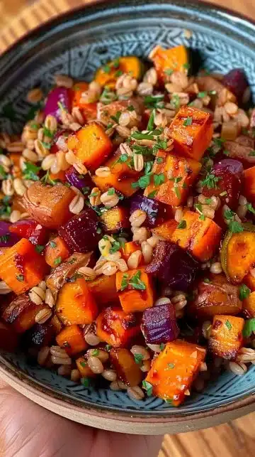 Plat de petit épeautre aux légumes d’hiver rôtis, sain et coloré