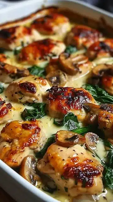 Plat au four de poulet et épinards avec champignons, recette faible en glucides