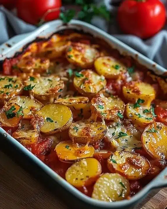 Pommes de terre à la pizzaiola, plat savoureux et appétissant.