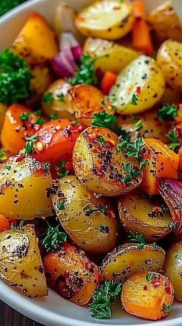 Pommes de terre rôties à l'ail et aux herbes, accompagnées de légumes frais