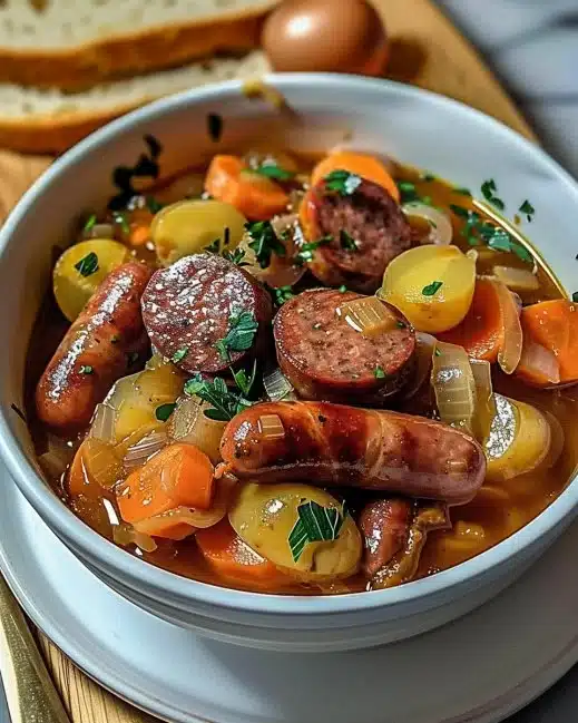 Potée traditionnelle aux saucisses fumées, un plat savoureux et réconfortant.
