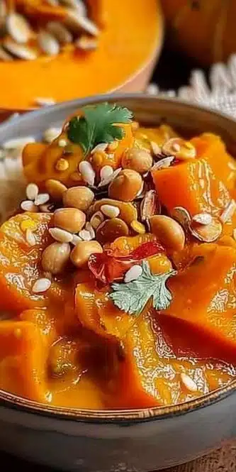 Bol de Potimarron Cacahuète Mafé, un plat sénégalais riche en saveurs.