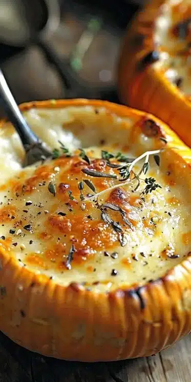 Potimarrons farcis au fromage Comté, un plat savoureux et réconfortant.