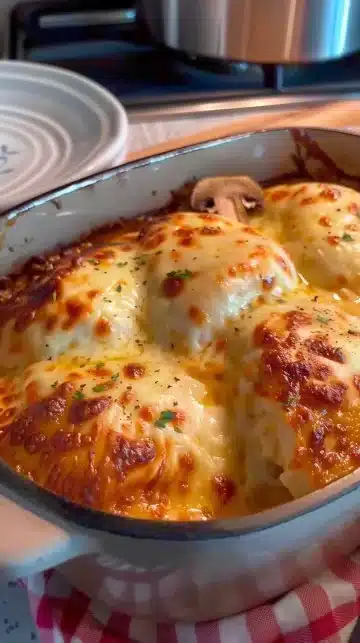 Poulet béchamel farci aux champignons dans un plat appétissant