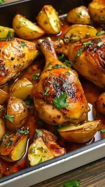 Recette de poulet et pommes de terre en une seule poêle, plat savoureux et pratique.