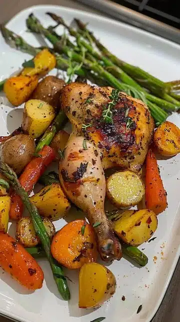 Poulet sur plaque avec légumes et pommes de terre, plat appétissant et facile à préparer.