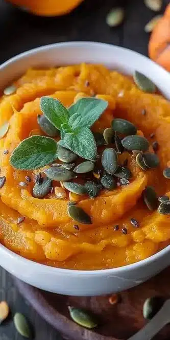 Purée de potimarron crémeuse servie dans un bol avec des herbes fraîches.