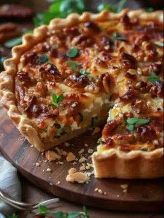 Quiche au potimarron, poireau, feta et noix sur une assiette élégante