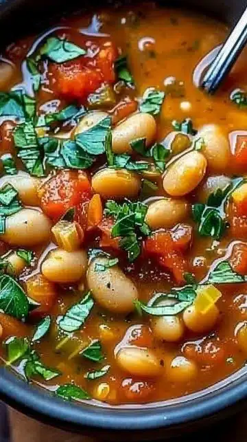 Ragoût crémeux de tomates et de haricots blancs dans un bol.