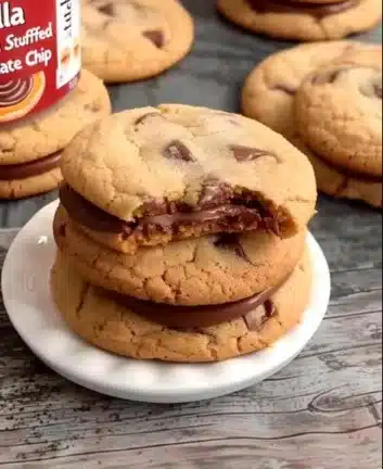 Cookies aux pépites de chocolat farcis à la Nutella tout juste sortis du four