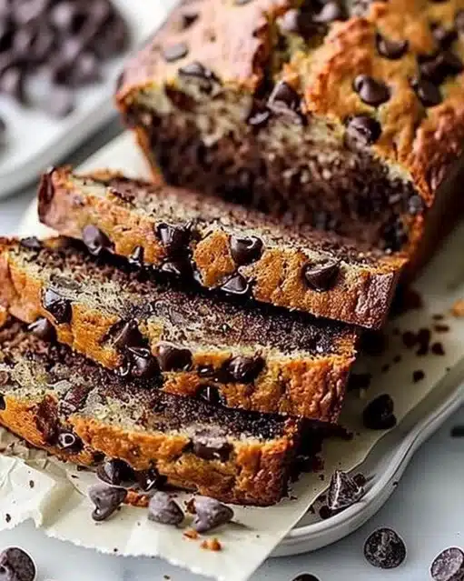 Pain à la banane moelleux avec pépites de chocolat sur une assiette