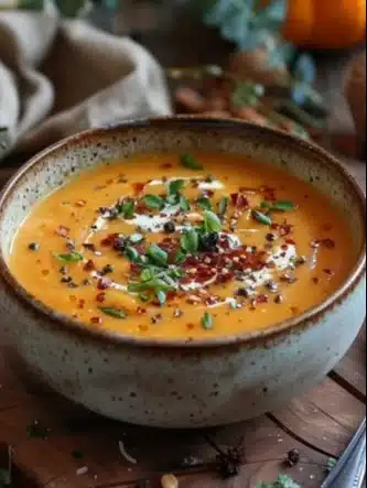 Soupe de potiron et lait de coco garnie de persil frais dans un bol