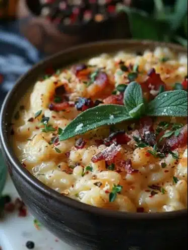 Risotto crémeux au potiron, bacon et parmesan servi dans une assiette.