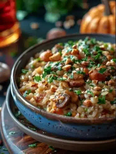 Risotto crémeux à la courge, champignons et noisettes grillées dans une assiette.