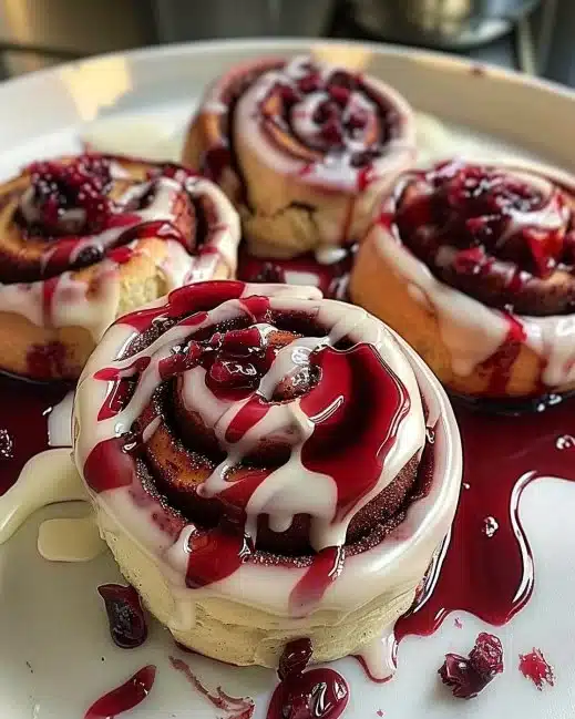 Roulés à la cannelle Red Velvet sur une assiette, garnis de glaçage crémeux.