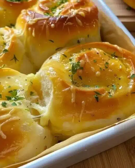 Roulés au fromage beurré à l'ail sur un plat, prêts à être dégustés.