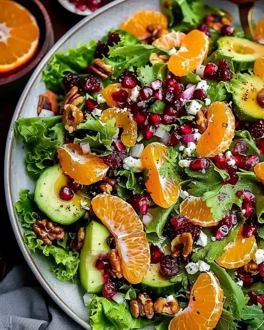 Salade à l'orange mandarine servie dans un bol avec des ingrédients frais.