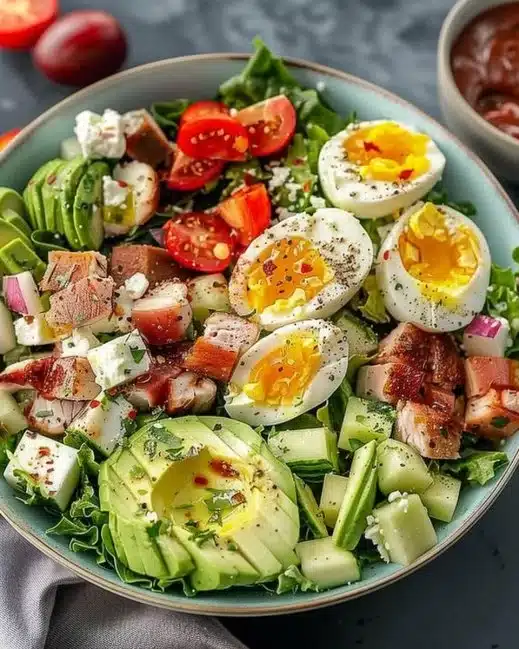 Délicieuse salade Cobb avec avocat, poulet et légumes frais