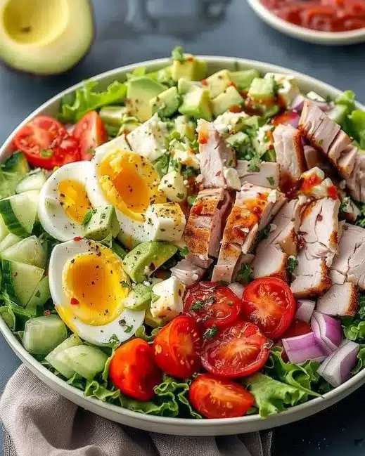 Salade Cobb garnie d'avocat, poulet, bacon, tomates et œufs durs.