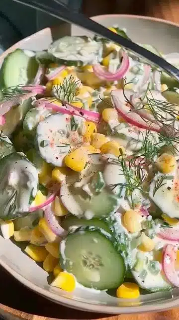 Salade crémeuse de maïs et concombre servie dans un bol élégant.