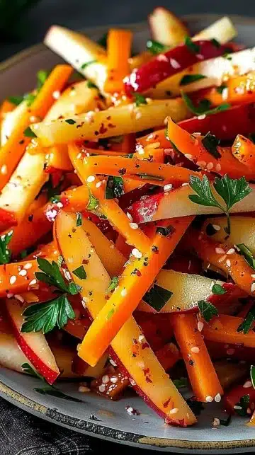 Salade de carottes et pommes garnie de noix et de vinaigrette légère