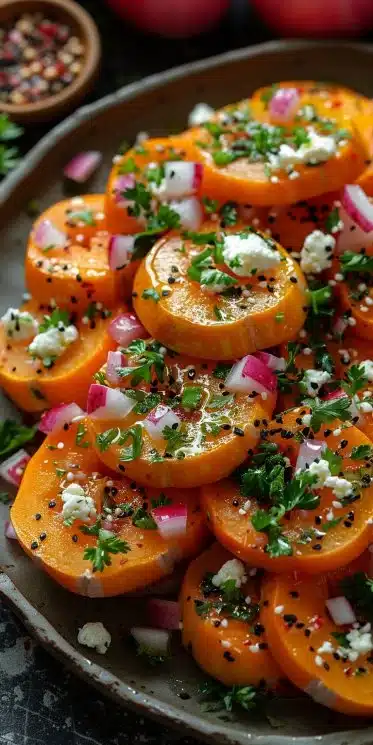 Salade de courge avec fromage de chèvre, un plat savoureux et coloré
