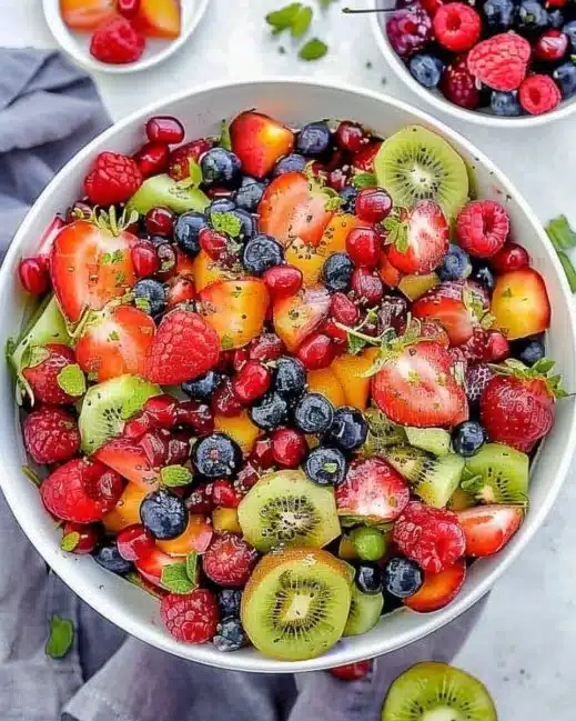 Salade de fruits colorée avec des morceaux de saison dans un bol.