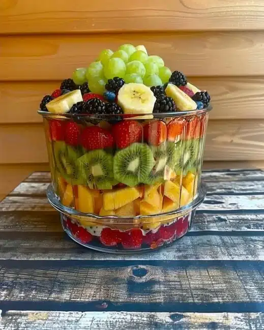Salade de fruits en couches avec vinaigrette aux agrumes, délicieuse et rafraîchissante.