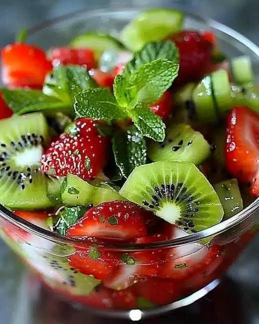 Salade de fruits Mojito colorée avec menthe et agrumes.