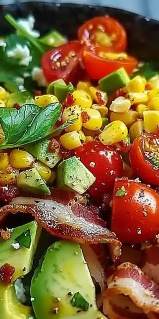 Salade de maïs avec avocat et bacon croustillant, plat frais et appétissant