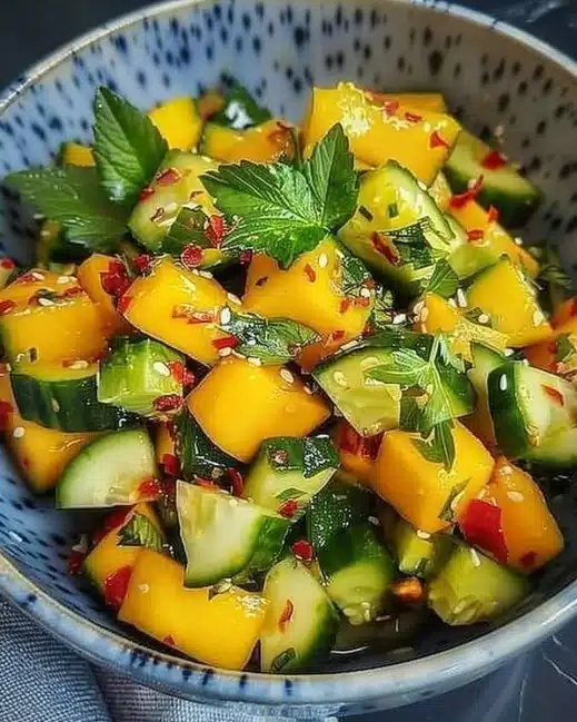 Salade de mangue et concombre thaï, fraîche et colorée, idéale pour l'été.