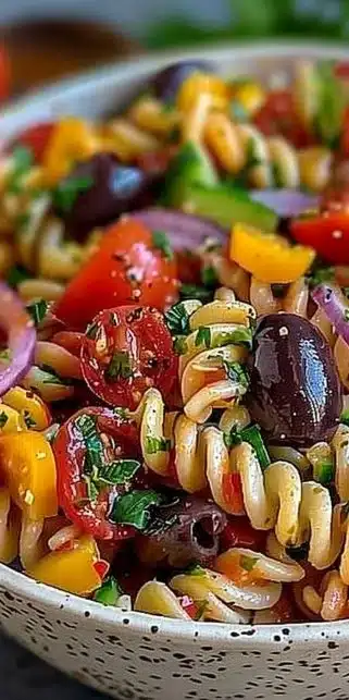 Salade de pâtes colorée avec légumes frais et vinaigrette maison