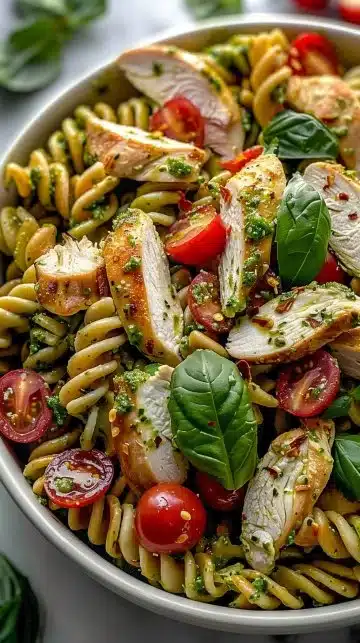 Salade de Pâtes au Pesto de Poulet colorée et appétissante, prête à servir